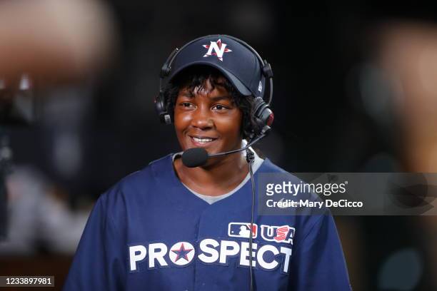 National League Coach Bianca Smith does an interview during the MLB USA Baseball All-American Game at Coors Field on Friday, July 9, 2021 in Denver,...