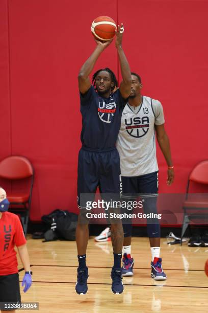 Jerami Grant of the USA Men's National Team shoots the ball during practice for training camp on July 9, 2021 at Mendenhall Center in Las Vegas,...