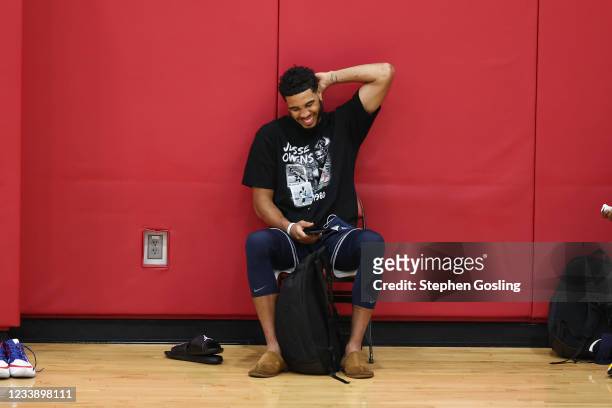 Jayson Tatum of the USA Men's National Team smiles before practice for training camp on July 9, 2021 at Mendenhall Center in Las Vegas, Nevada. NOTE...