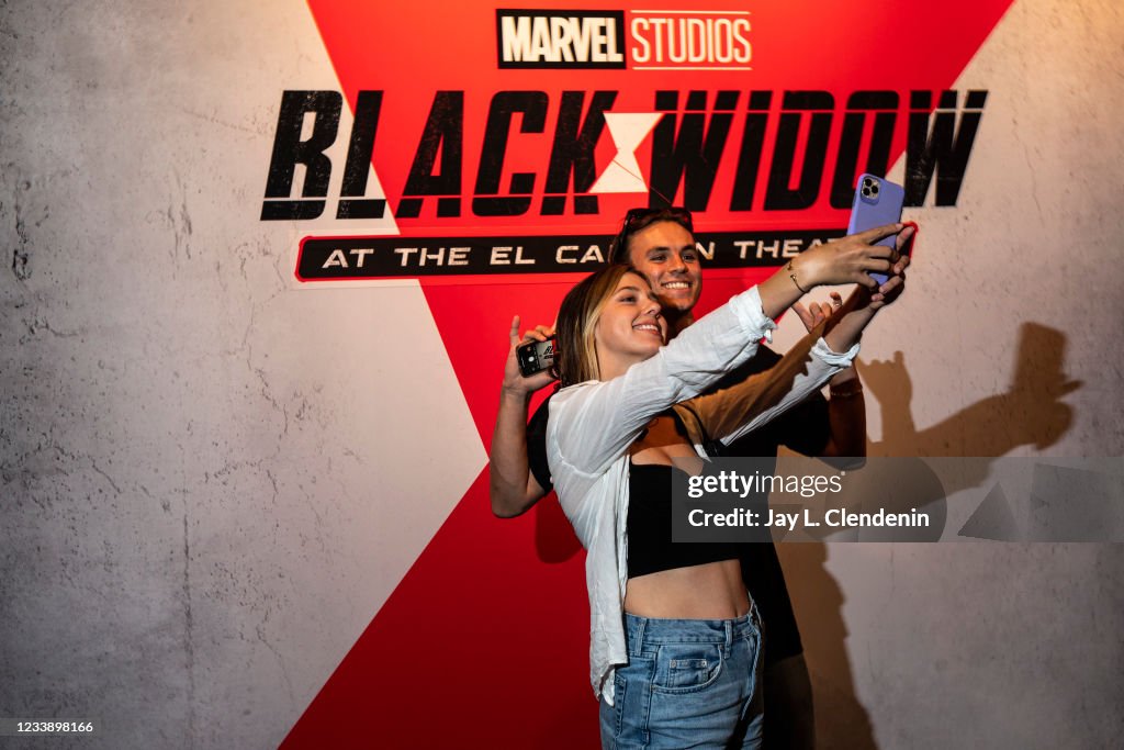 Scenes from the El Capitan Theatre in the heart of Hollywood, CA, during opening weekend of Marvels, Black Widow