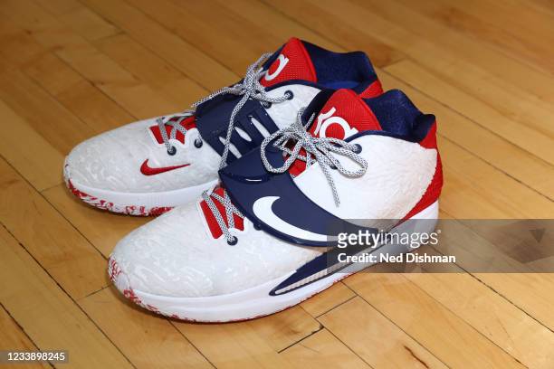 Sneakers worn by members of the USA Men's National Team during practice for training camp on July 9, 2021 at Mendenhall Center in Las Vegas, Nevada....