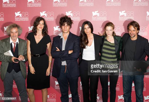Director Philippe Garrel and actors Louis Garrel, Monica Bellucci, Celine Sallette, Jerome Robart pose at the 'Un Ete Brulant' photocall at the...