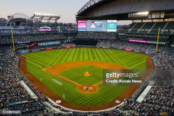 Major league baseball game between the Seattle Mariners and the Los Angeles Angels is played at T-Mobile Park in Seattle, Washington, on July 9, 2021.