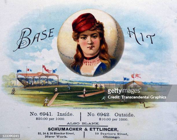 Schumacher & Ettinger lithographers create a woman ball player over a base ball scene to decorate the cigar label entitled Base Hit, printed 1880s in...