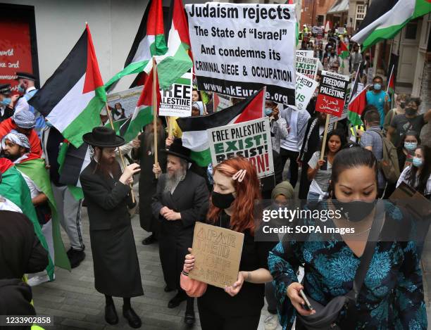 Protesters from the orthodox Jewish anti-Zionist group the Neturei Karta hold Palestinian flags and placards during a protest outside the London...