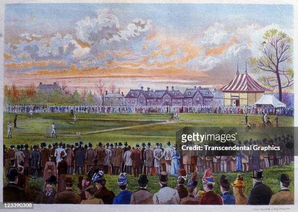 Color plate from the book "Athletic Sports in America" shows the American baseball stars on tour playing a game at in 1889, at the Crystal Palace in...