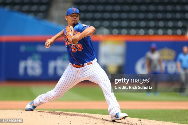 Pitcher Carlos Carrasco of the New York Mets throws off the mound to live batters before game one of a double header against the Pittsburgh Pirates...