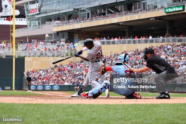 Niko Goodrum of the Detroit Tigers rounds third base after hitting a home run in the second inning against the Minnesota Twins at Target Field on...