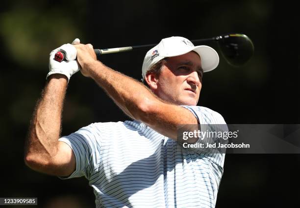 Former NBA athlete Vinny Del Negro tees off on the 4th hole of the American Century Championship at Edgewood Tahoe South golf course on July 10, 2020...