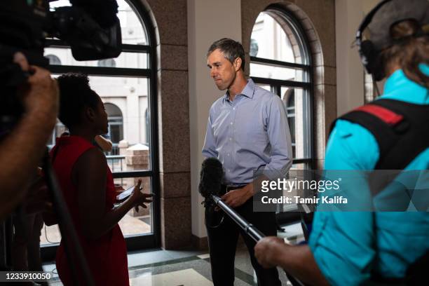 Former U.S. Rep. Beto O'Rourke , speaks to members of the media about the renewed effort by Texas Republicans to pass voting restrictions as state...