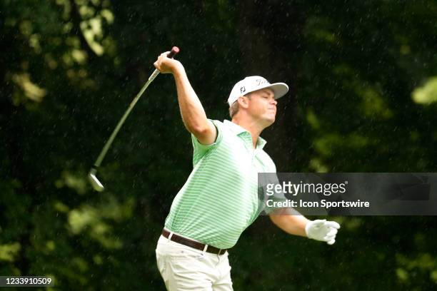 Player Patton Kizzire loses his temper and throws his club after hitting his tee shot on the 6th hole during the John Deere Classic on July 10, 2021...