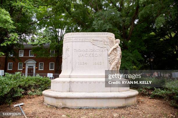 An empty pedestal remains after the statue of Confederate Gen. Thomas "Stonewall" Jackson was removed from Charlottesville, Virginia on July 10,...