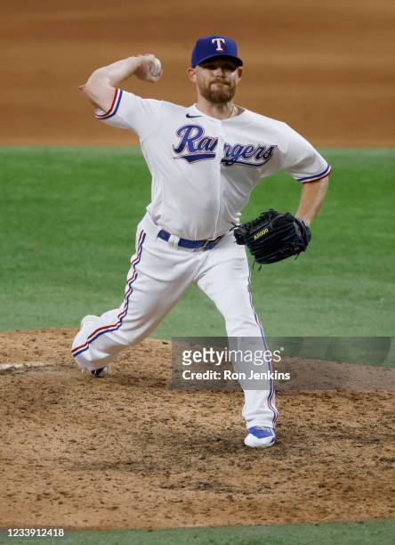 Ian Kennedy of the Texas Rangers pitches against the Oakland Athletics during the ninth inning at Globe Life Field on July 10, 2021 in Arlington,...