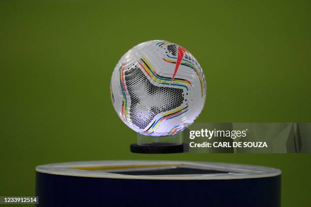 Picture of the official ball to be used in the kick-off of the Conmebol 2021 Copa America football tournament final match between Argentina and...