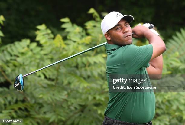 Harold Varner III hits his tee shot on the hole during the third round of the John Deere Classic on July 10 at TPC Deere Run, Silvis, IL. ,