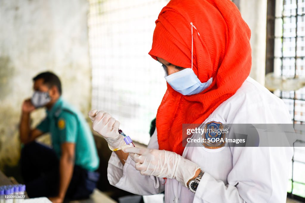 Nurse collects a blood sample to cross-match DNA with...