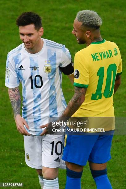 Argentina's Lionel Messi and Brazil's Neymar joke during the Conmebol...  News Photo - Getty Images