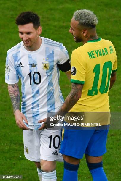 Argentina's Lionel Messi and Brazil's Neymar joke during the Conmebol... News Photo - Getty Images Argentina's Lionel Messi and Brazil's Neymar joke during the Conmebol... News Photo - Getty Images