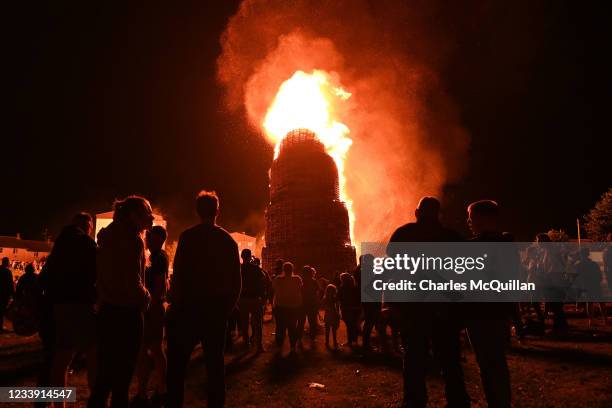 The 11th night bonfire which marks the beginning of the annual protestant 12th of July celebrations is lit on July 11, 2021 in Portadown, Northern...