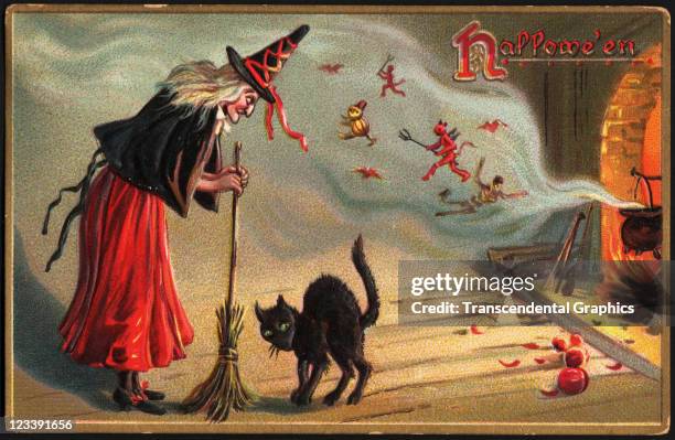 This Halloween postcard, which features a witch, a black cat, and lots of little spirits, was printed mid 1900s in New York City.