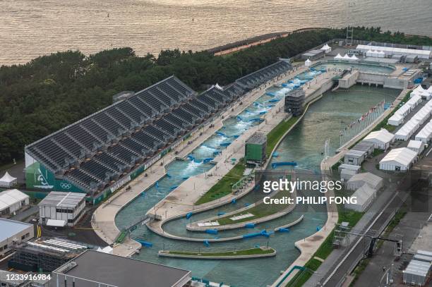 View of the Kasai Canoe Slalom Centre, the main venue for canoe slalom during the Tokyo 2020 Olympic games, in Tokyo on July 11, 2021.