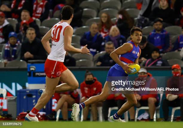 Debutant, Jamarra Ugle-Hagan of the Bulldogs in action during the 2021 AFL Round 17 match between the Western Bulldogs and the Sydney Swans at Marvel...