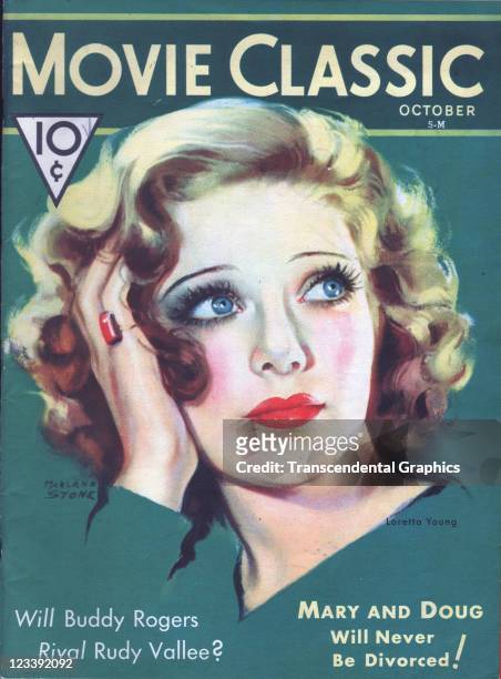 The film actress Loretta Young is the cover girl for Movie Classic magazine, published in New York City in October of 1931.