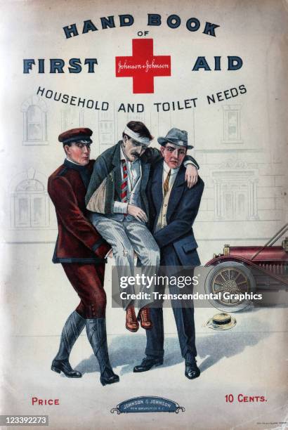 Hand Book of First Aid is provided by the Johnson & Johnson company with a cover illustration of a chauffer and rich owner helping an accident victim...