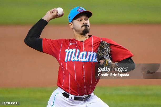 Pablo Lopez of the Miami Marlins throws a pitch during the first inning against the Atlanta Braves at loanDepot park on July 11, 2021 in Miami,...