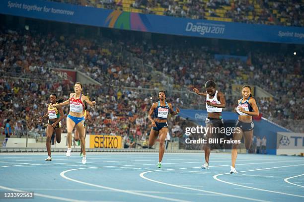 13th IAAF World Championships in Athletics: Russia Anastasiya Kapachinskaya, USA Francena McCorory, Botswana Amantle Montsho, and USA Allyson Felix...