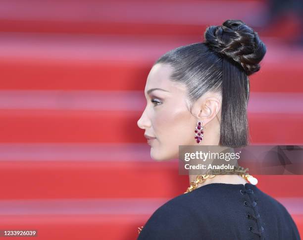 Model Bella Hadid arrives for the screening of the film "Tre Piani" in competition at the 74th Cannes Film Festival in Cannes, France on July 11, 2021