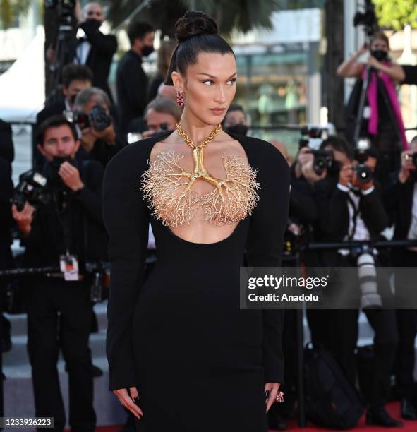 Model Bella Hadid arrives for the screening of the film "Tre Piani" in competition at the 74th Cannes Film Festival in Cannes, France on July 11, 2021