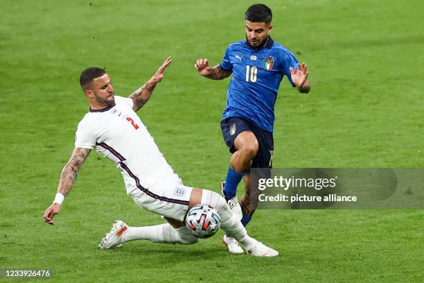 July 2021, United Kingdom, London: Football: European Championship, Italy - England, final round, final at Wembley Stadium. England's Kyle Walker and...