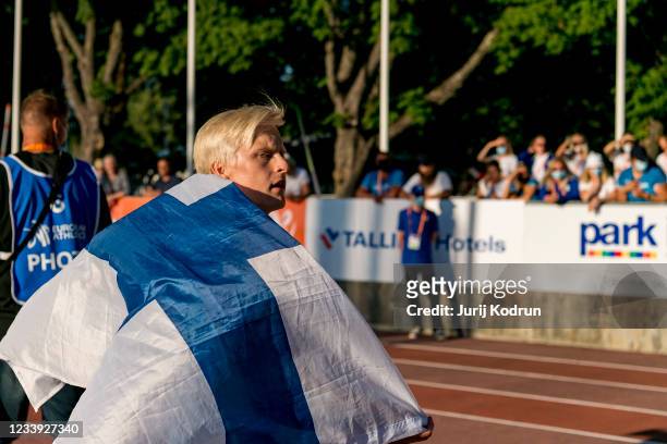 Topias Laine of Finland reacts after Men's Javelin Throw Final on day four of the 2021 European Athletics U23 Championships at Kadriorg Stadium on...