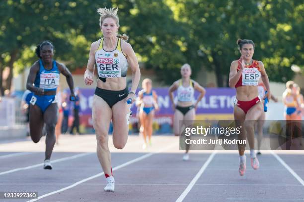 Talea Prepens of Germany competes in Women's 4 x 100m Relay Final on day four of the 2021 European Athletics U23 Championships at Kadriorg Stadium on...