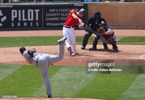 Max Kepler of the Minnesota Twins hits a solo home run in the fifth inning against the Detroit Tigers at Target Field on July 11, 2021 in...