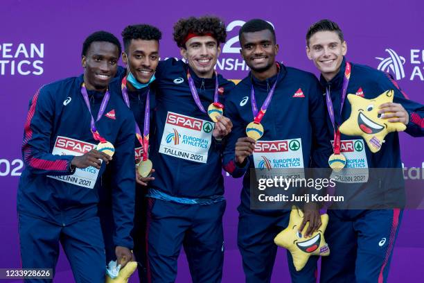 Team France with El-Mir Reale, Teo Andant, David Sombe, Fabrisio Saidy and Ludovic Oucenipose with the gold medal after Men's 4 x 400m Relay Final...