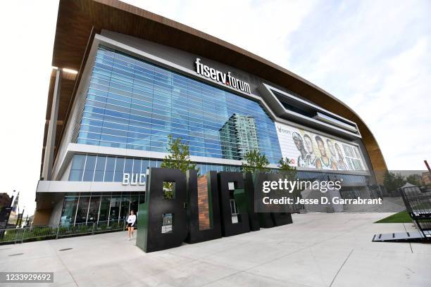 An outside view of the arena before Game Three of the 2021 NBA Finals on July 11, 2021 at Fiserv Forum in Milwaukee, Wisconsin. NOTE TO USER: User...