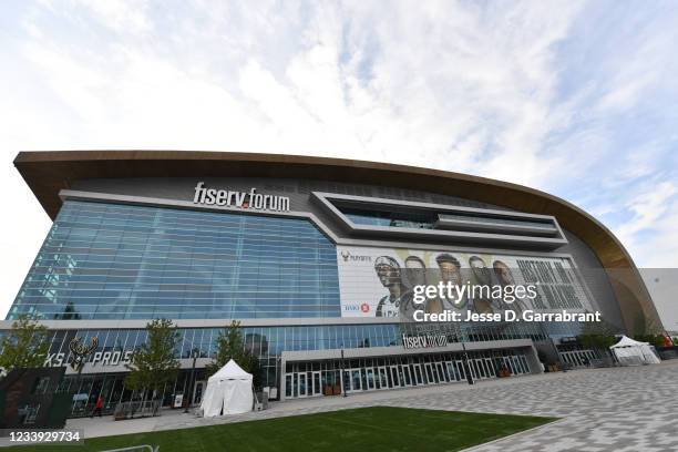 An outside view of the arena before Game Three of the 2021 NBA Finals on July 11, 2021 at Fiserv Forum in Milwaukee, Wisconsin. NOTE TO USER: User...