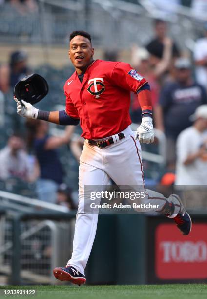 Jorge Polanco of the Minnesota Twins hits a walk-off home run in the tenth inning against the Detroit Tigers at Target Field on July 11, 2021 in...