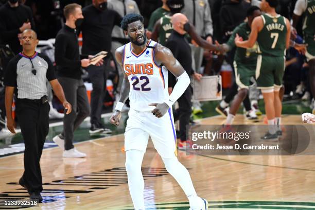 Deandre Ayton of the Phoenix Suns reacts during Game Three of the 2021 NBA Finals on July 11, 2021 at Fiserv Forum in Milwaukee, Wisconsin. NOTE TO...