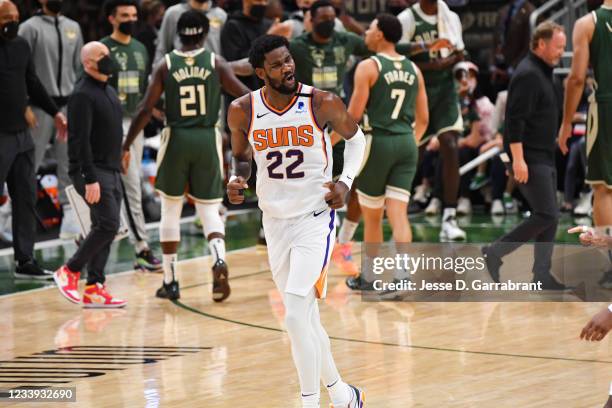 Deandre Ayton of the Phoenix Suns reacts during Game Three of the 2021 NBA Finals on July 11, 2021 at Fiserv Forum in Milwaukee, Wisconsin. NOTE TO...