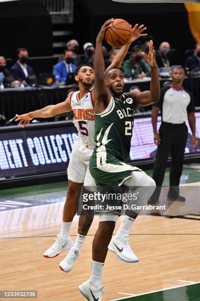 Khris Middleton of the Milwaukee Bucks shoots the ball against the Phoenix Suns during Game Three of the 2021 NBA Finals on July 11, 2021 at Fiserv...