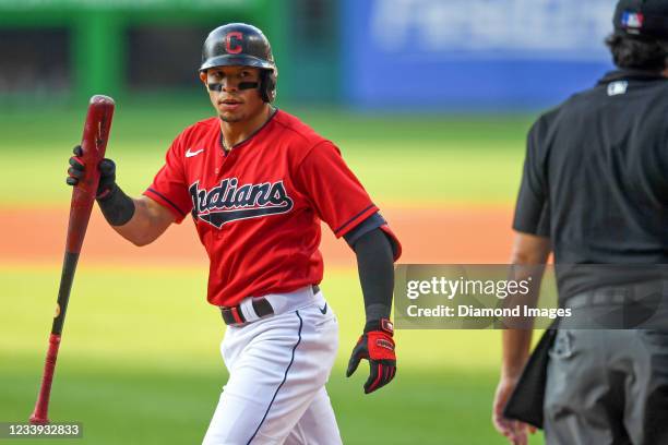 Cesar Hernandez of the Cleveland Indians reacts to striking out in the first inning against the Kansas City Royals at Progressive Field on July 08,...