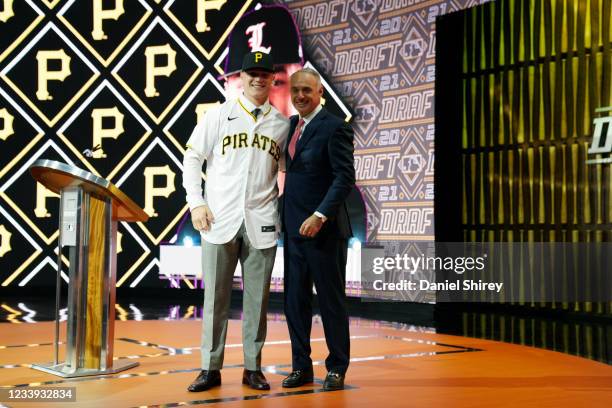 Catcher Henry Davis with MLB commissioner Rob Manfred after being selected first overall by the Pittsburgh Pirates in the first round during the 2021...