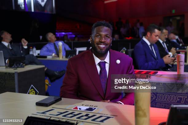 St. Louis Cardinals club rep Xavier Scruggs looks on during the 2021 Major League Baseball Draft at Bellco Theater at Colorado Convention Center on...