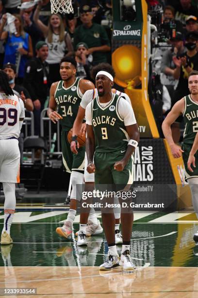 Bobby Portis of the Milwaukee Bucks reacts during Game Three of the 2021 NBA Finals on July 11, 2021 at Fiserv Forum in Milwaukee, Wisconsin. NOTE TO...