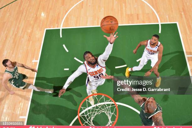 Jae Crowder of the Phoenix Suns grabs the rebound against the Milwaukee Bucks during Game Three of the 2021 NBA Finals on July 11, 2021 at Fiserv...