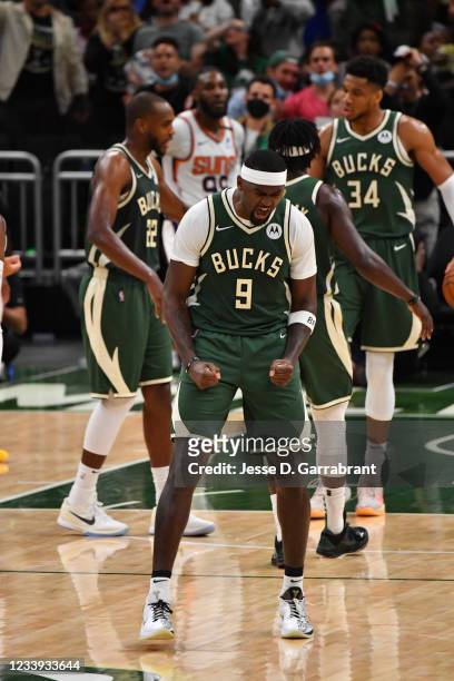 Bobby Portis of the Milwaukee Bucks reacts during Game Three of the 2021 NBA Finals on July 11, 2021 at Fiserv Forum in Milwaukee, Wisconsin. NOTE TO...