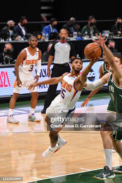 Cameron Payne of the Phoenix Suns shoots the ball against the Milwaukee Bucks during Game Three of the 2021 NBA Finals on July 11, 2021 at Fiserv...